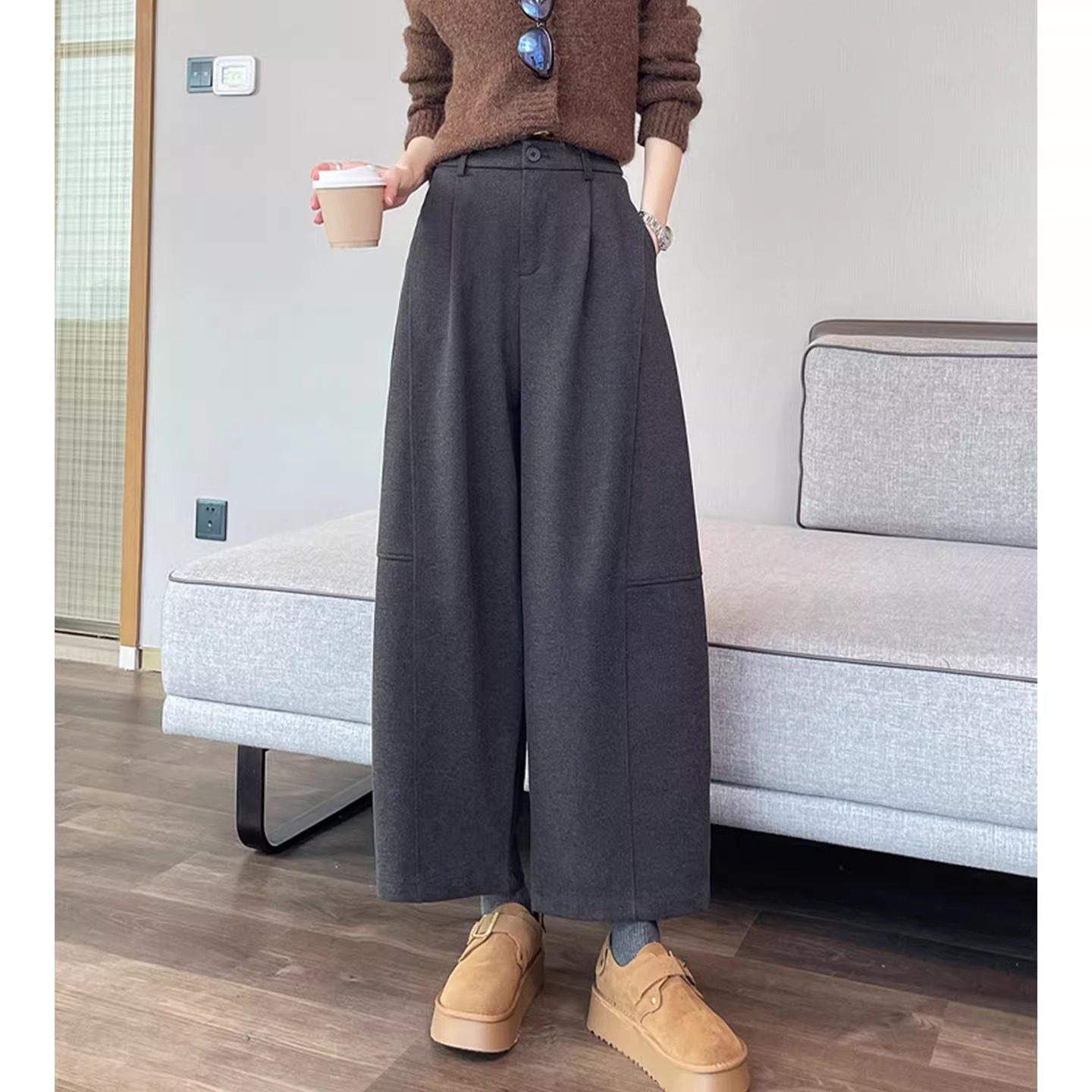 灰色毛呢休闲裤秋冬加厚绒裤女外穿高腰宽松显瘦超火弯刀阔腿长裤,女装/女士精品,休闲裤,淘宝优惠券,粉丝福利购,淘宝优惠卷