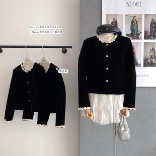法式贵气高级感黑色丝绒小香风短外套女秋冬时髦木耳边显瘦上衣