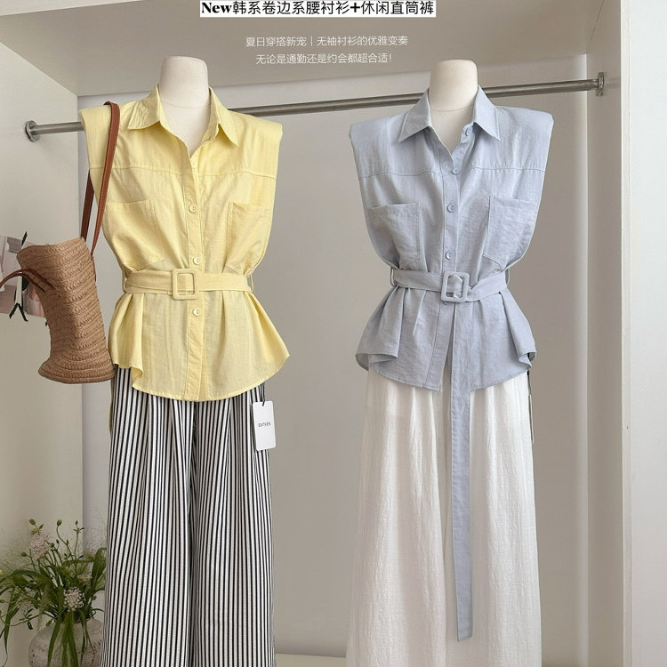 正肩垫肩别致韩系气质无袖衬衫上衣+高级感休闲阔腿长裤两件套装