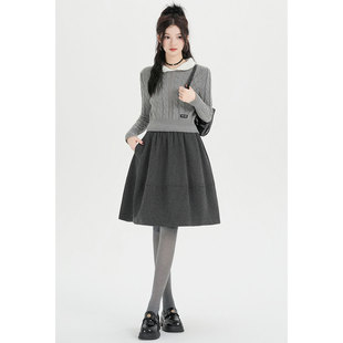 学院风千鸟格蓬蓬毛呢半身裙格子长短裙女春季新款高腰百搭A字裙