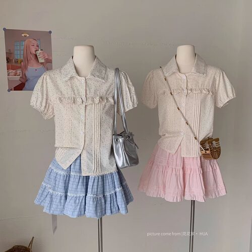 花边泡泡袖娃娃领短袖衬衫女夏季
