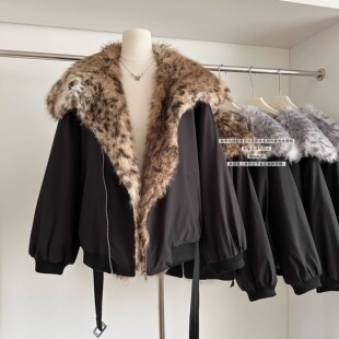 高端时髦宽松豹纹毛毛领加棉加厚棒球棉服外套女冬款保暖时尚夹克