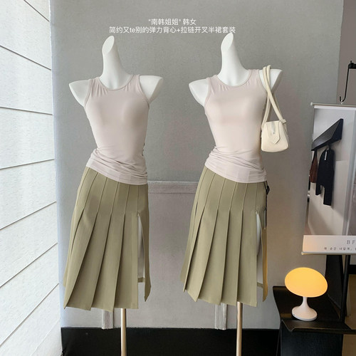 韩女弹力背心+拉链开叉半裙套装