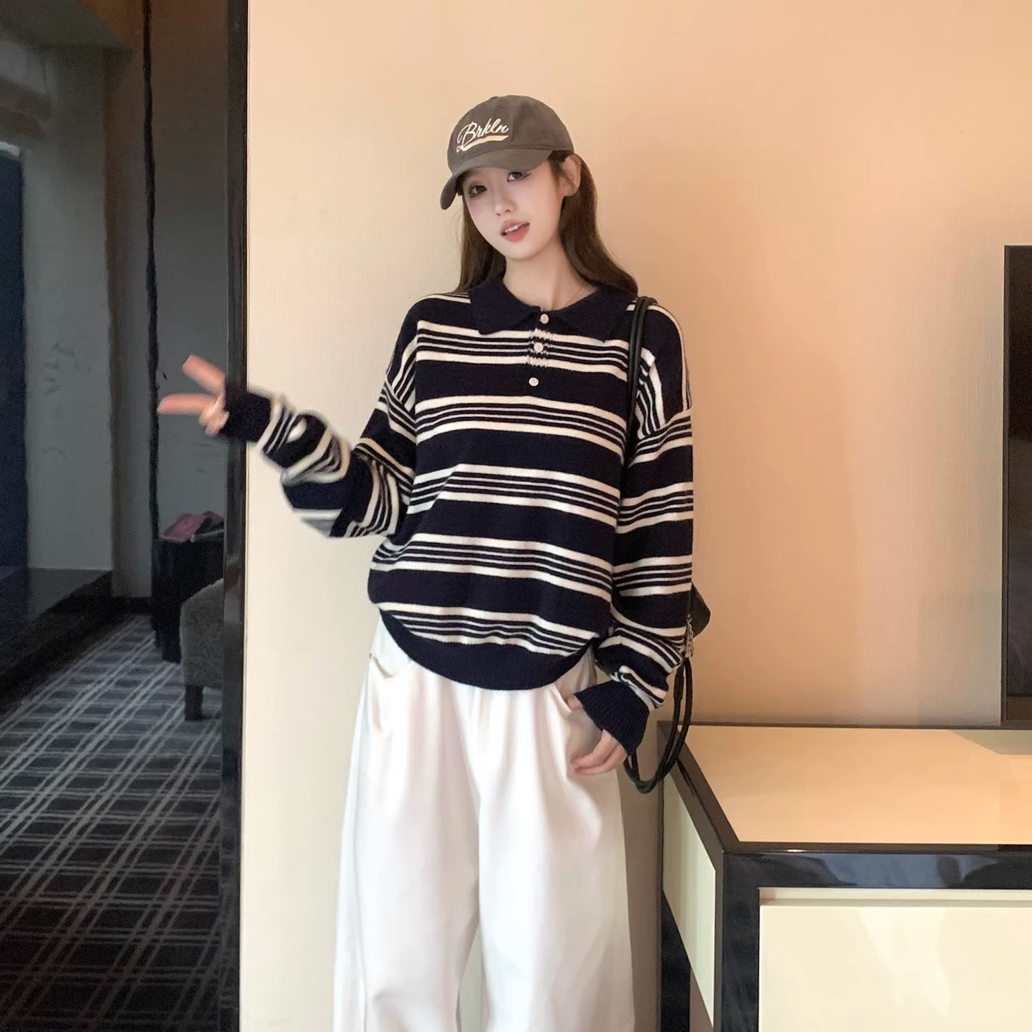 韩系条纹套头Polo翻领毛衣女秋