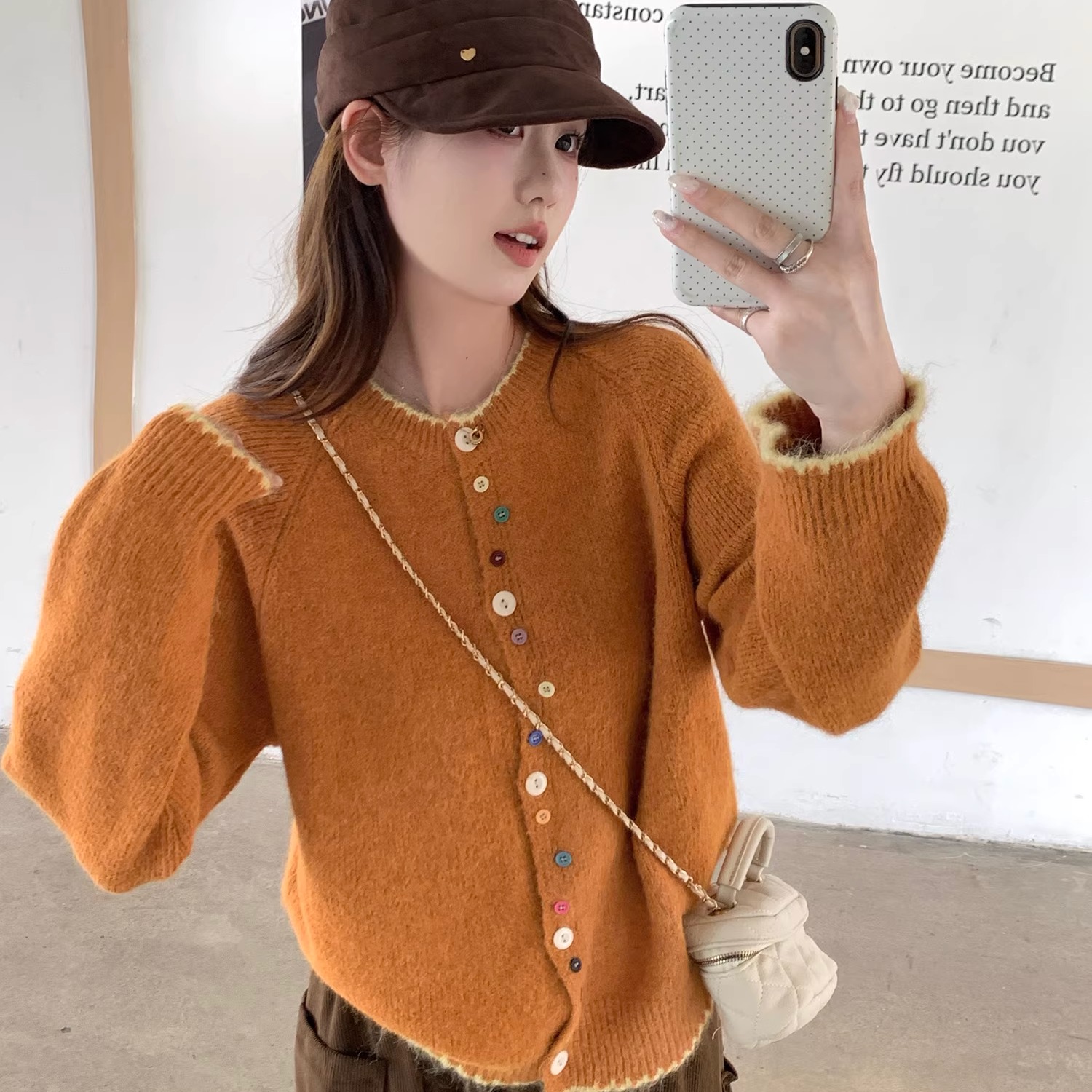 橘色显白软糯慵懒风针织开衫女秋