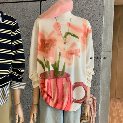 法式印花圆领长袖T恤女早秋季