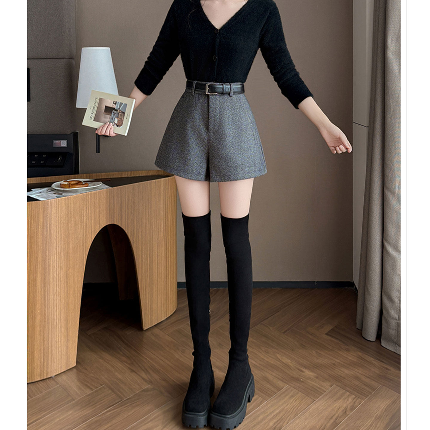 人字纹双口袋毛呢阔腿裤女2026春夏新款高级感直筒休闲西装短裤子,女装/女士精品,休闲裤,淘宝优惠券,粉丝福利购,淘宝优惠卷