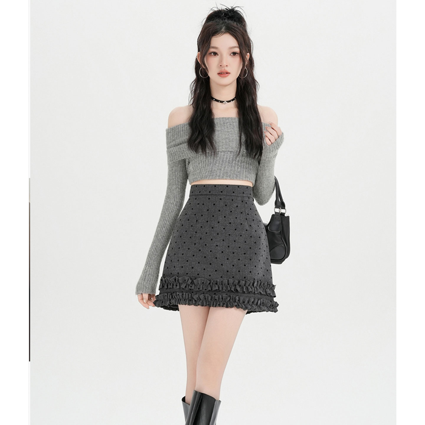 灰色波点毛呢半身裙女高腰