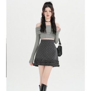 秋冬灰色波点毛呢半身裙女高腰显瘦a字包臀木耳边减龄黑色短裙子