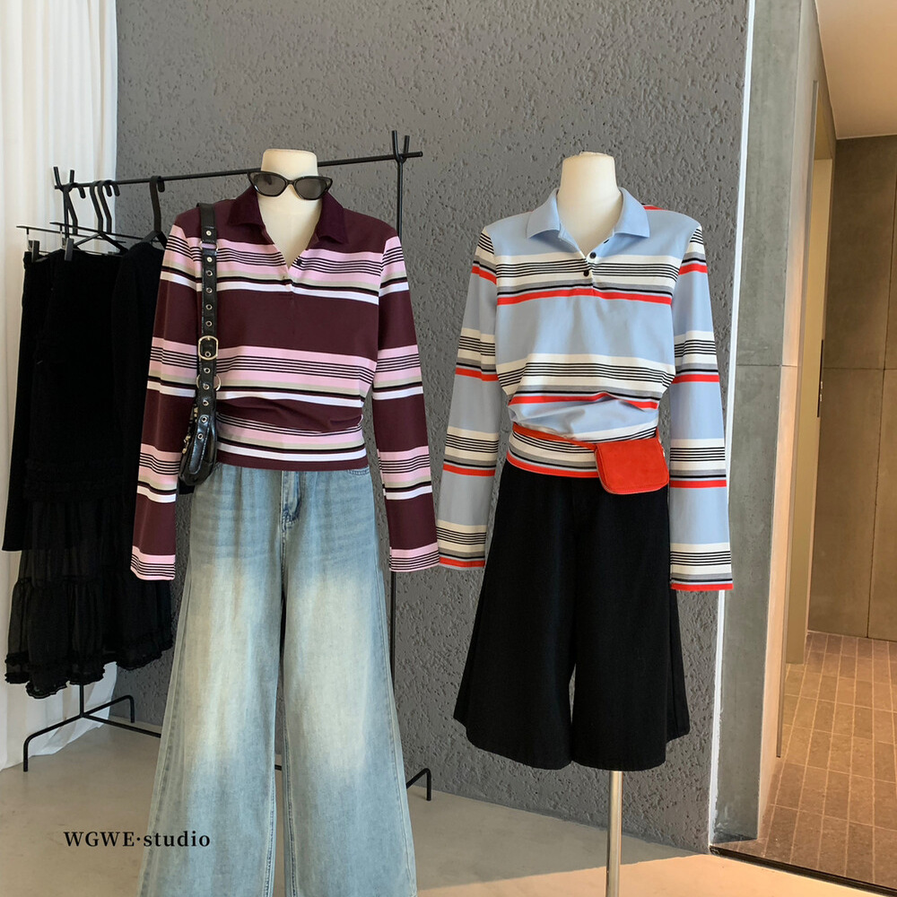 时髦街头腰绑带条纹Polo衫T恤女