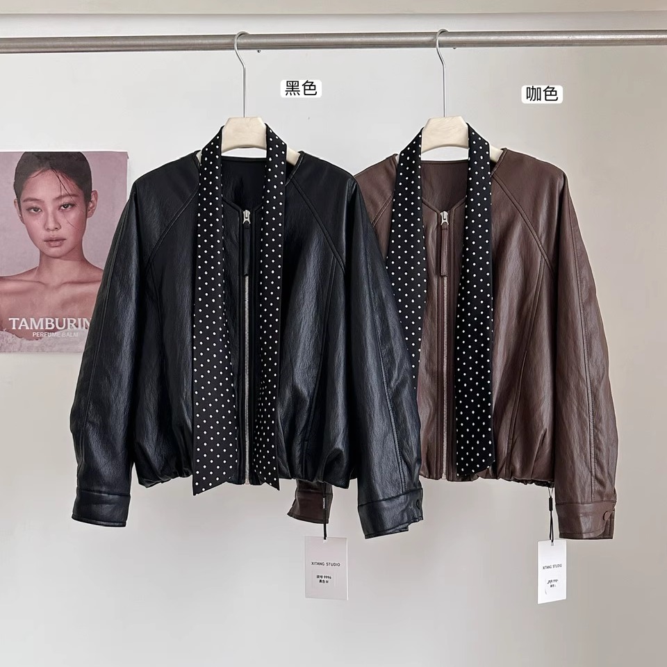 配波点丝巾圆领短外套夹克上衣