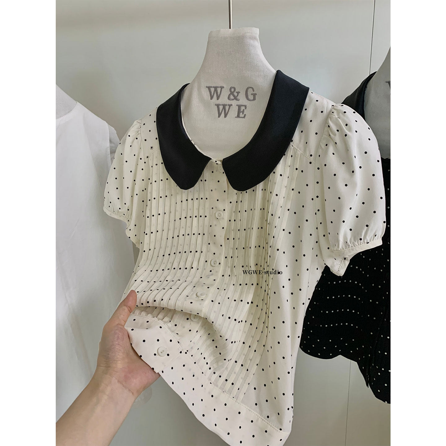法式波点娃娃领短袖衬衣女夏