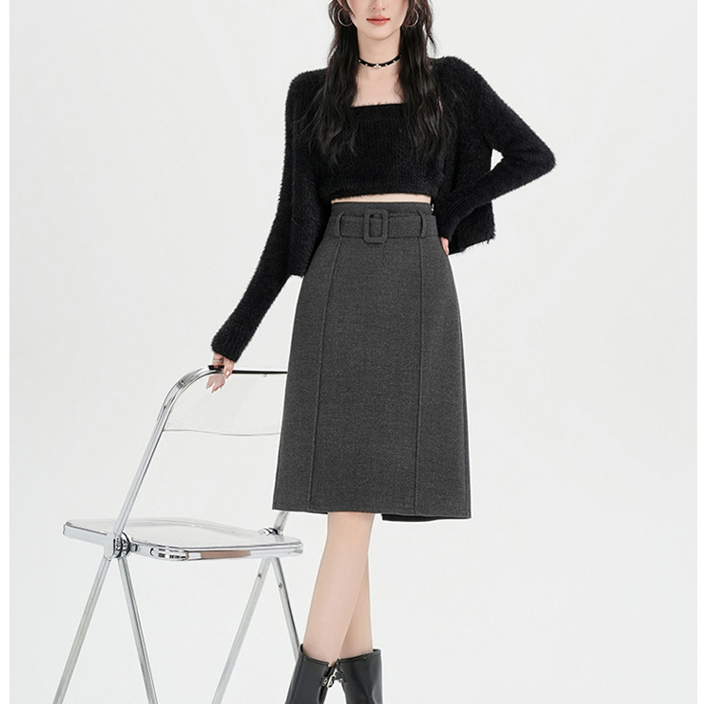 【赠送运费险】极简风毛呢中裙女