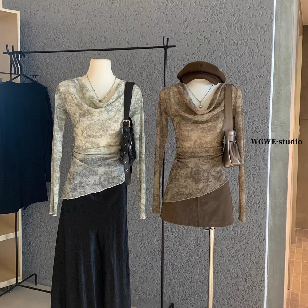 法式高级感腰果花荡领长袖T恤女