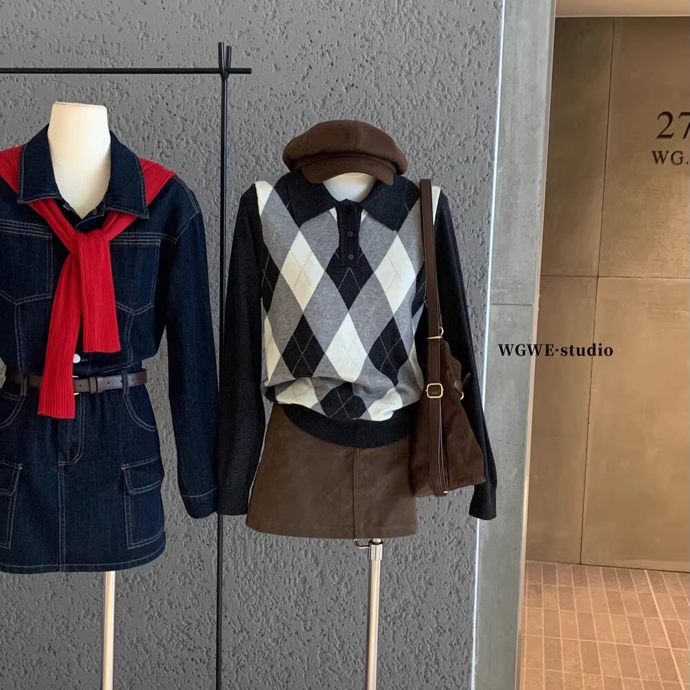 美式复古菱格子Polo领羊毛针织衫