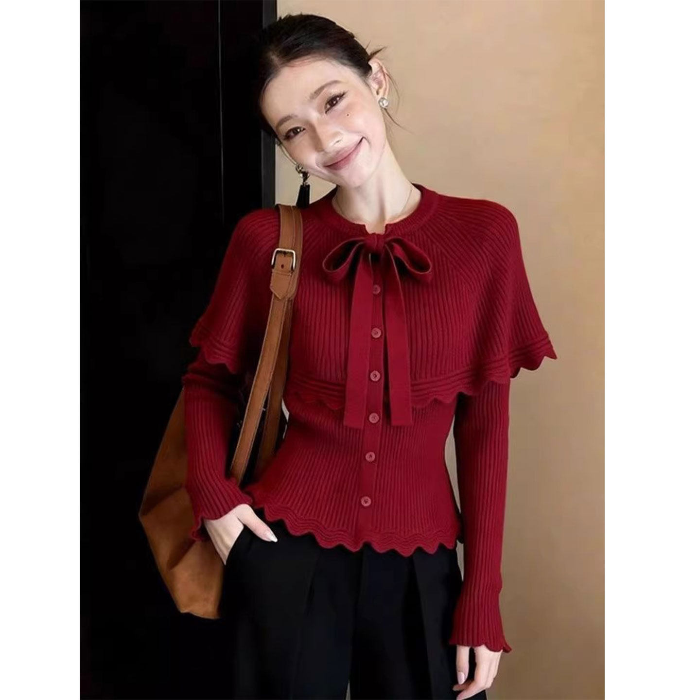 红色蝴蝶结毛衣长袖斗篷披肩针织衫春秋冬炸街独特漂亮打底衫上衣