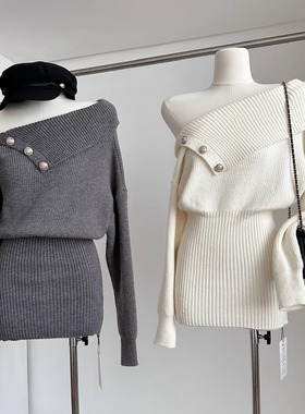 富家千金穿搭一字肩针织连衣裙超好看的冬装收腰显瘦毛衣包臀裙