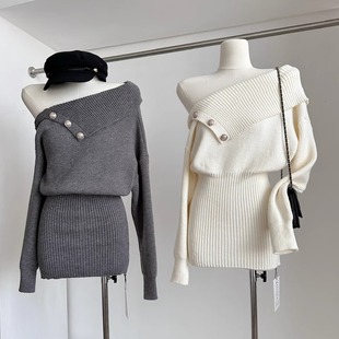 富家千金穿搭一字肩针织连衣裙超好看的冬装收腰显瘦毛衣包臀裙