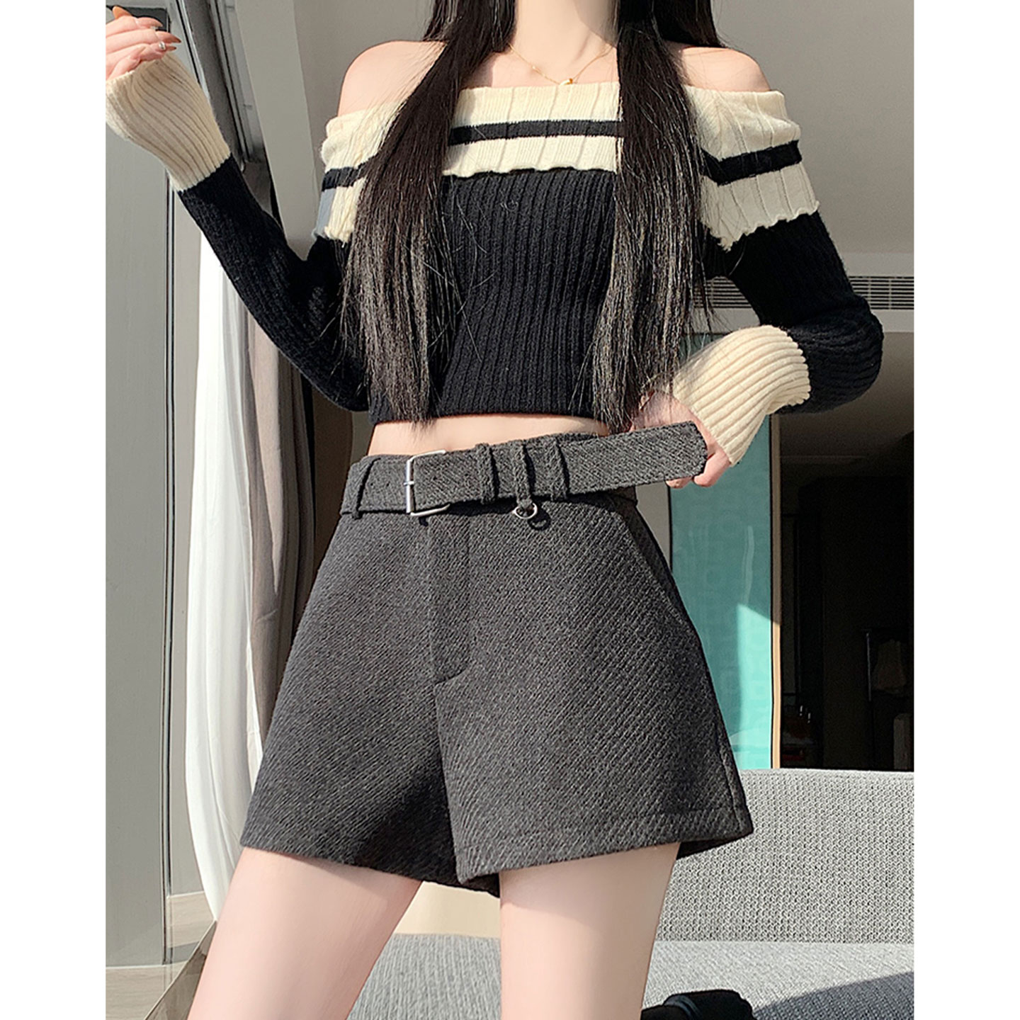 【赠运费险】灰色毛呢西装短裤