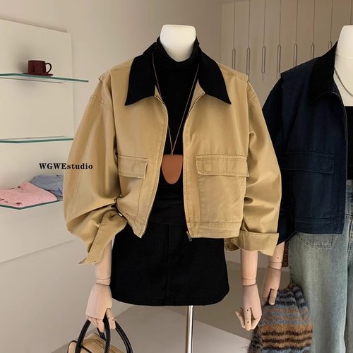 卡其色长袖美式复古外套女夹克秋
