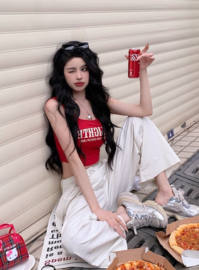 红色字母印花吊带背心女夏季新款内搭修身显瘦性感甜辣妹外穿上衣