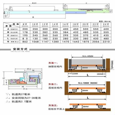 反弹底装托底新三节导轨抽屉拉篮珠宝烟酒展示柜层板书桌平移滑道