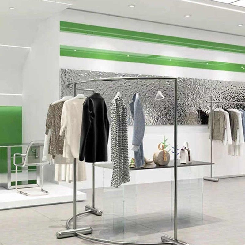 服装店展示架弧形中岛架货架落地新款不锈钢半圆男女装挂衣服架子图片