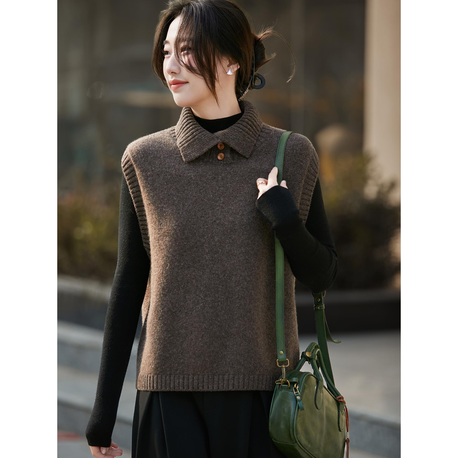 MONLOUVE法式100纯半开领针织衫马甲女25秋冬叠穿保暖内搭背心打