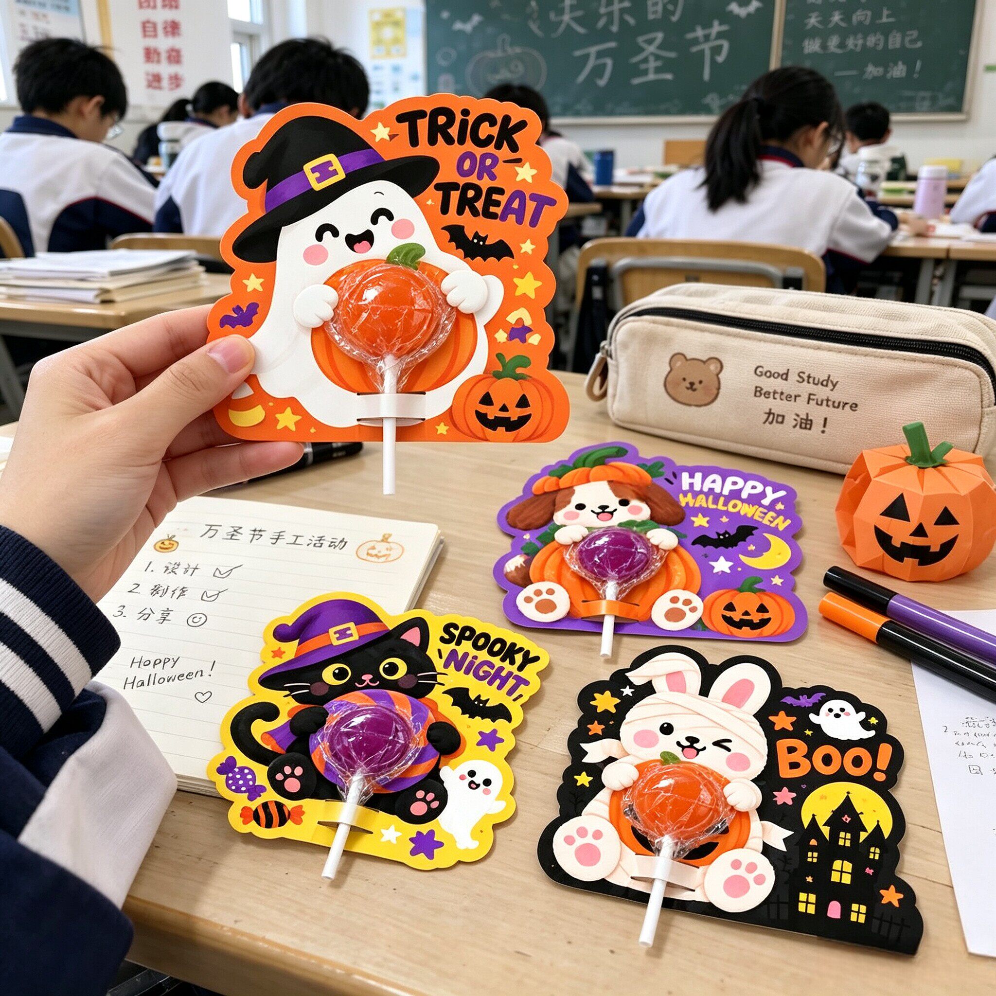 万圣节装饰卡通糖果插卡棒棒糖纸卡片学校幼儿园活动儿童零食礼物