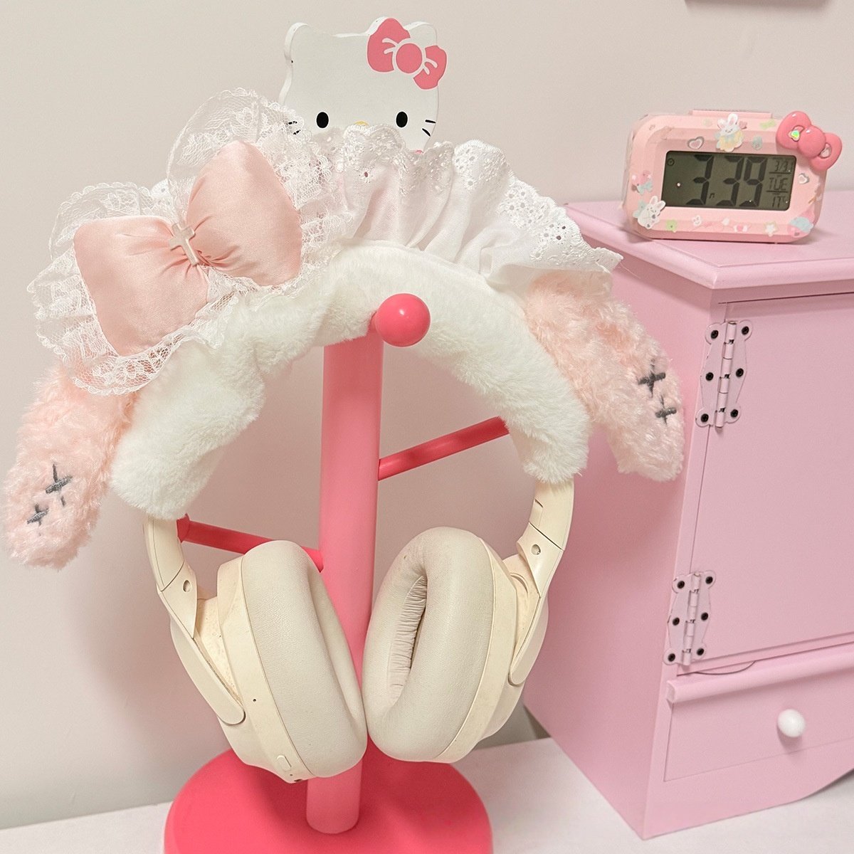 蕾丝兔耳毛绒头戴式耳机保护套可爱发箍少女心耳机装饰防摔横梁套