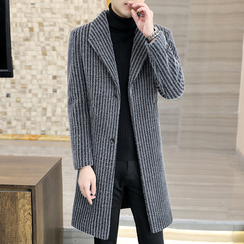 男士中长版条g纹毛呢大衣冬装韩版修身风衣男装外套时尚保暖毛呢