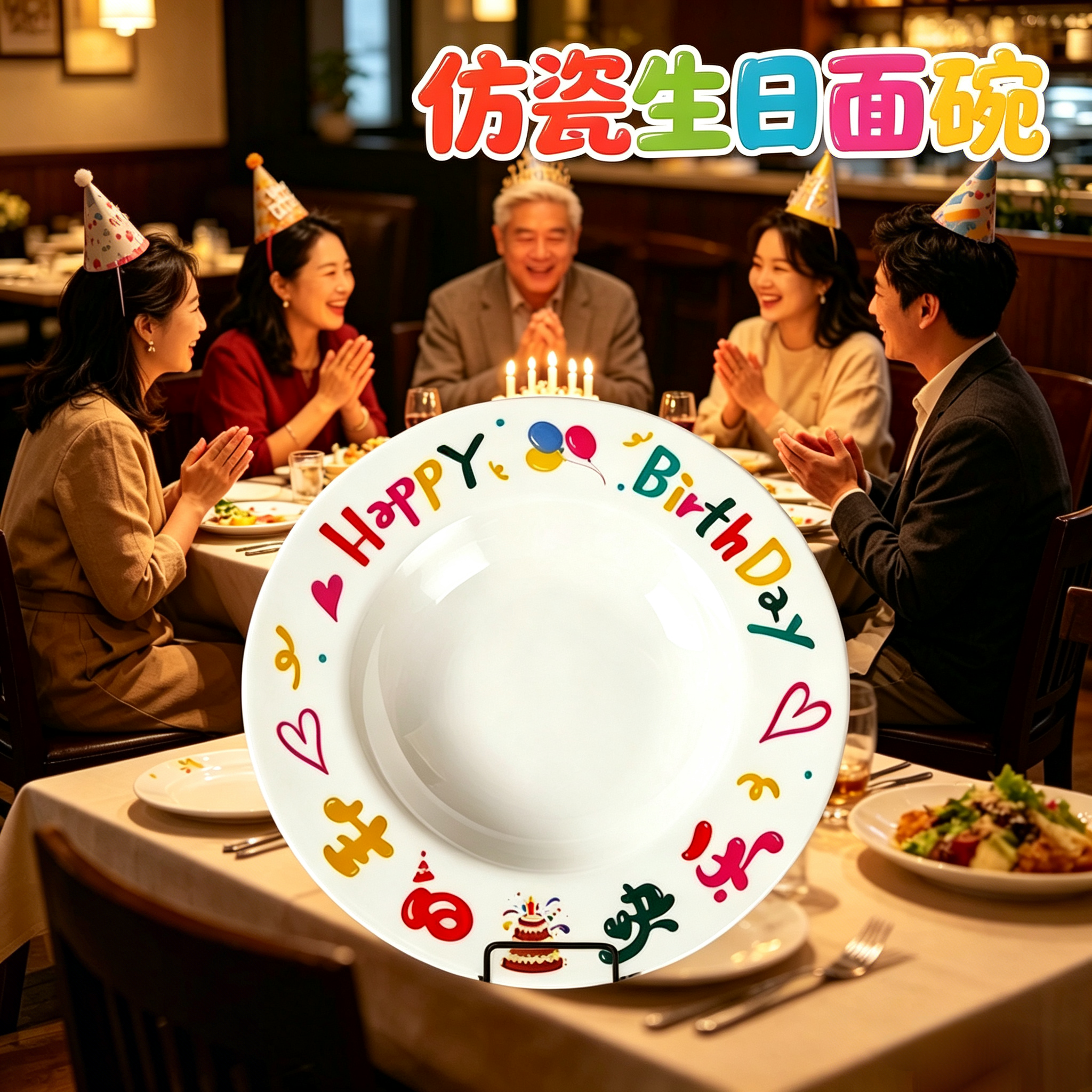 密胺仿瓷餐具商用生日面超大碗商用生日快乐面碗酒店长寿面专用碗