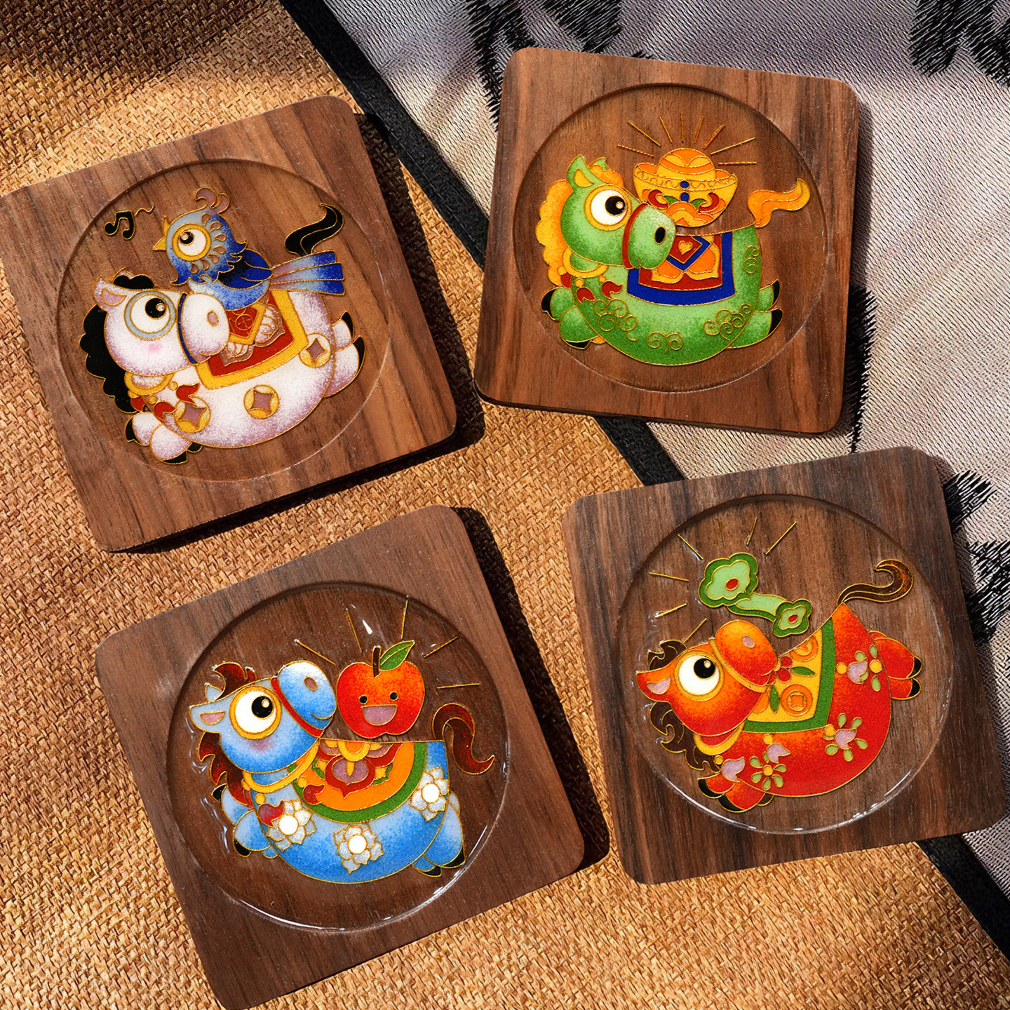 马年手工胡桃木杯垫景泰蓝掐丝珐琅画diy釉料材料包非遗团建采购,特色手工艺,景泰蓝,淘宝优惠券,粉丝福利购,淘宝优惠卷