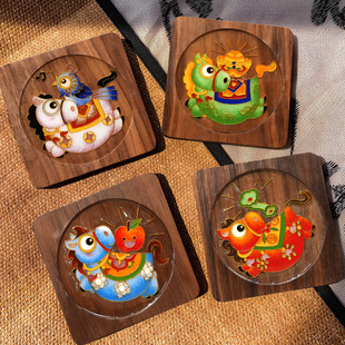 马年手工胡桃木杯垫景泰蓝掐丝珐琅画diy釉料材料包非遗团建采购