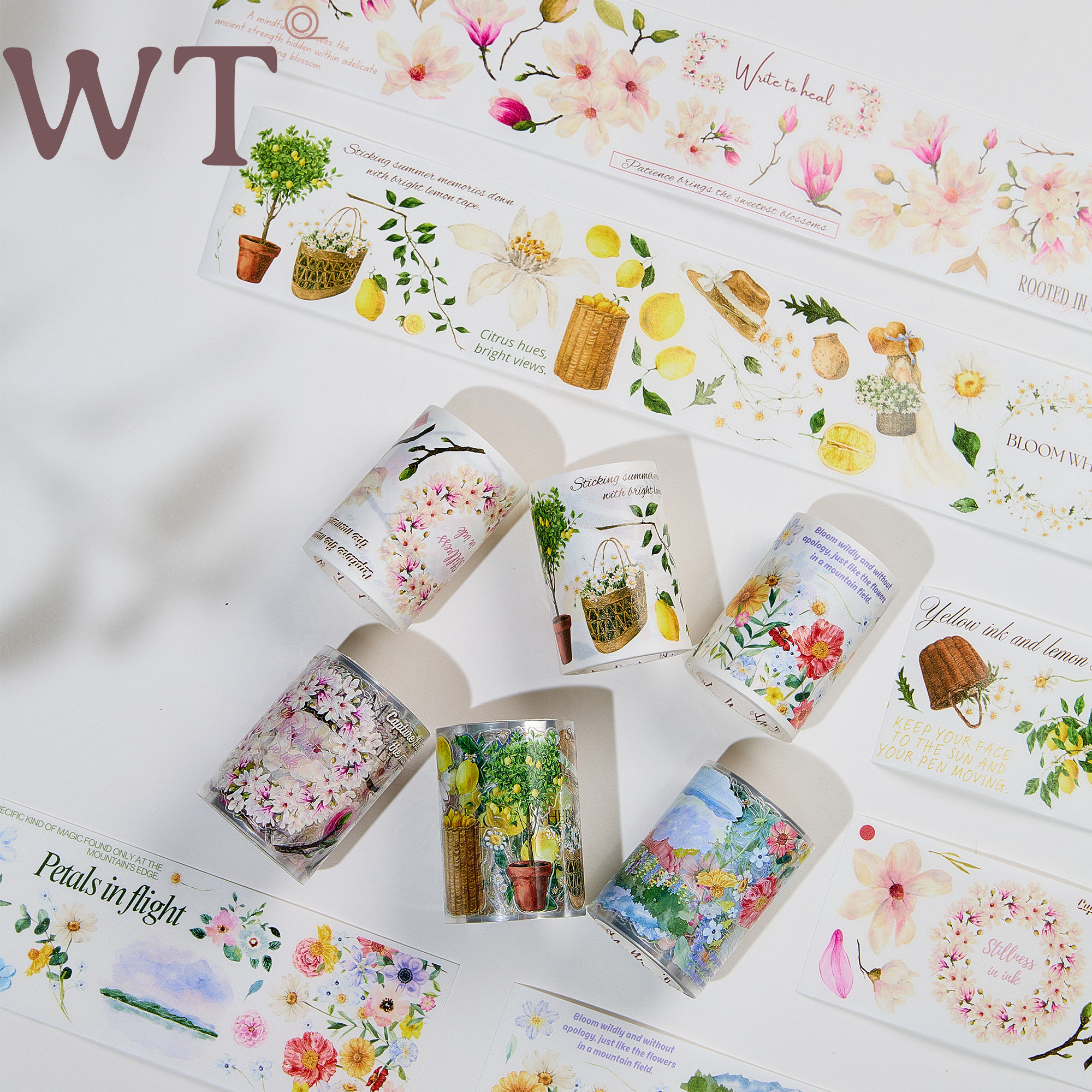 WT原创手帐胶带和纸手账ins风贴纸盐系拼贴模切玉兰遇见繁花柠香 - 实物图