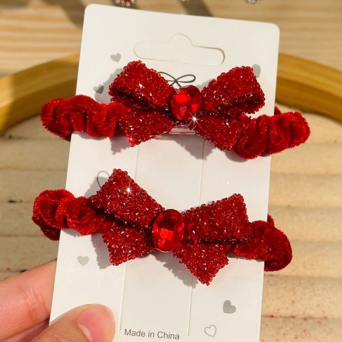 新年喜庆水钻蝴蝶结丝绒头绳