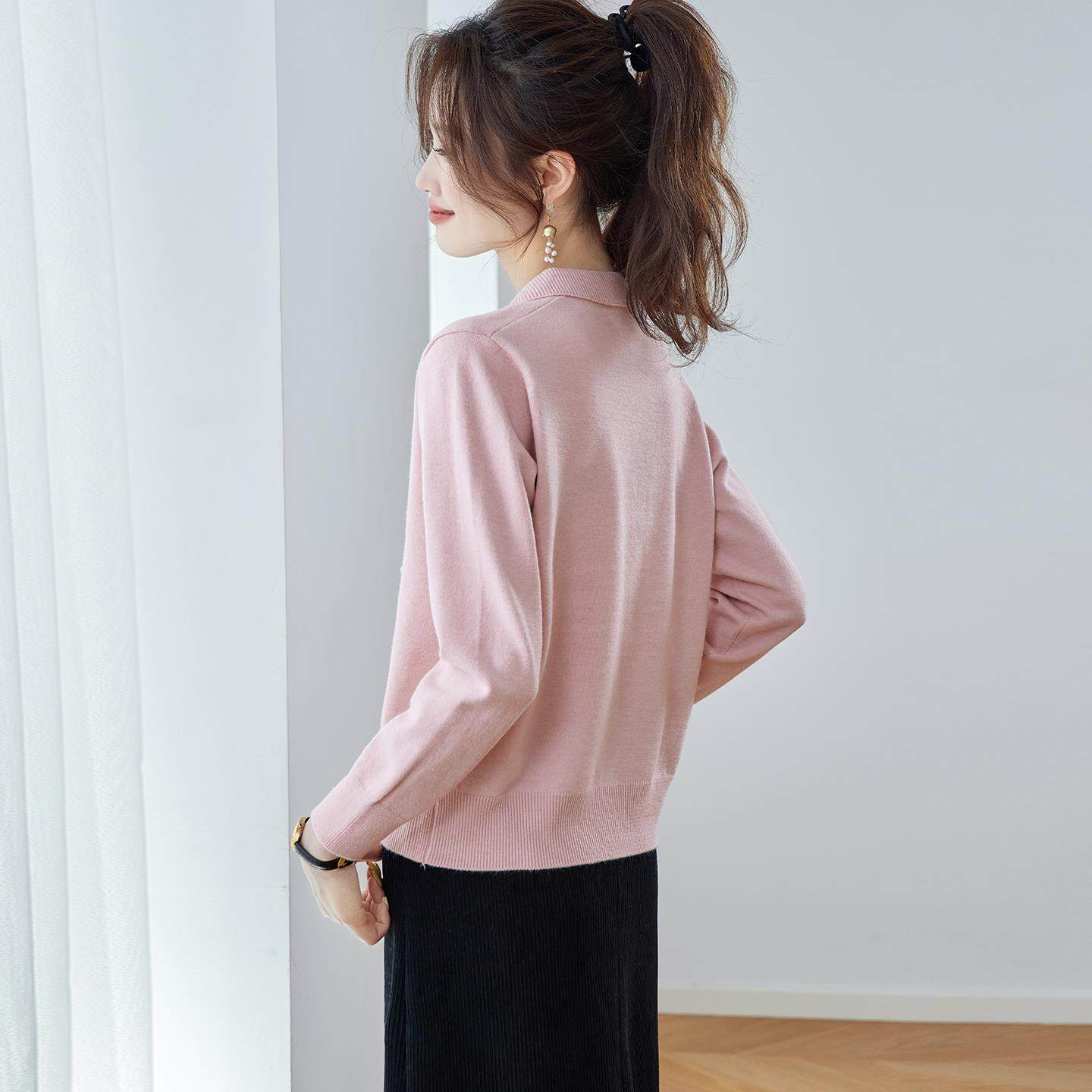 MONLOUVE针织衫女2025新款春秋装韩版宽松遮肚上衣时尚洋气翻领长