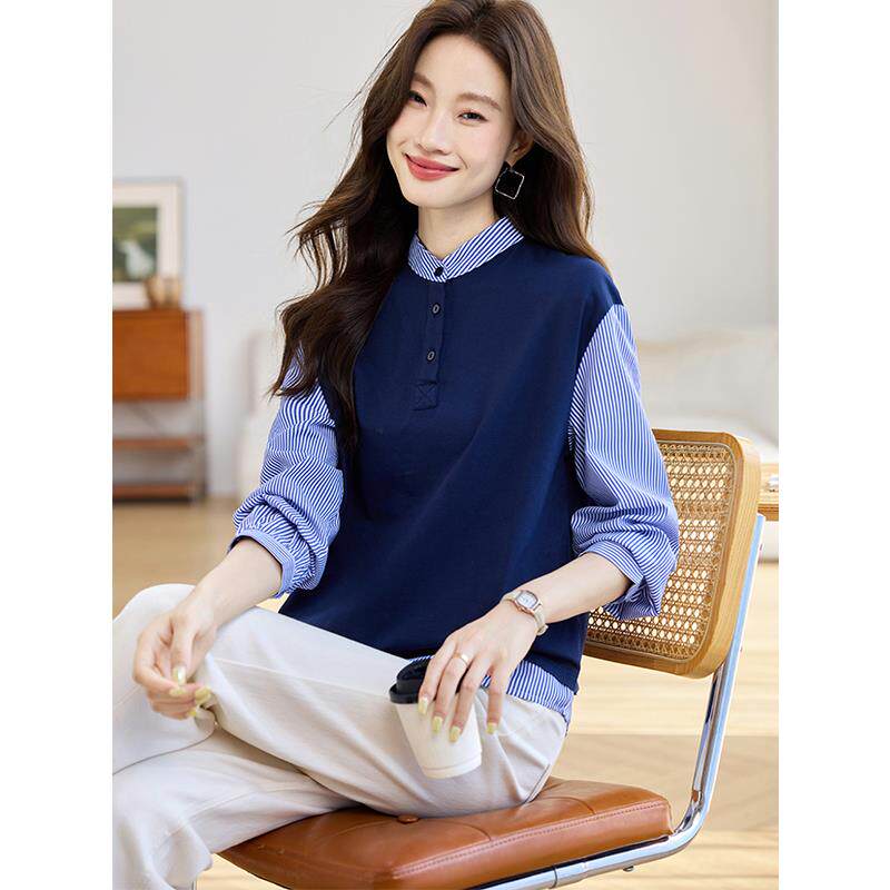 MONLOUVE假两件叠穿条纹衬衫女高级感轻奢减龄洋气早秋女装2025新