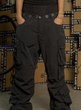 【BLACK8MOB】2024AW 气眼冲孔腰头聚酯纤维伞兵裤绑带宽松工装裤