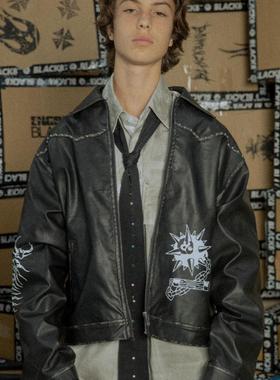 【BLACK8MOB】2024AW 做脏拉链印花翻领皮衣铆钉擦色宽松夹克外套