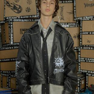 做脏拉链印花翻领皮衣铆钉擦色宽松夹克外套 2024AW BLACK8MOB