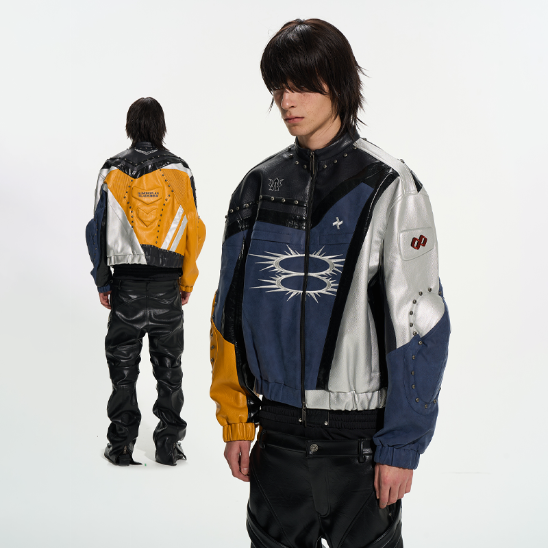 【BLACK8MOBxBLINDNOPLAN】25AW 重工拼色 盔甲短款皮衣 机车夹克