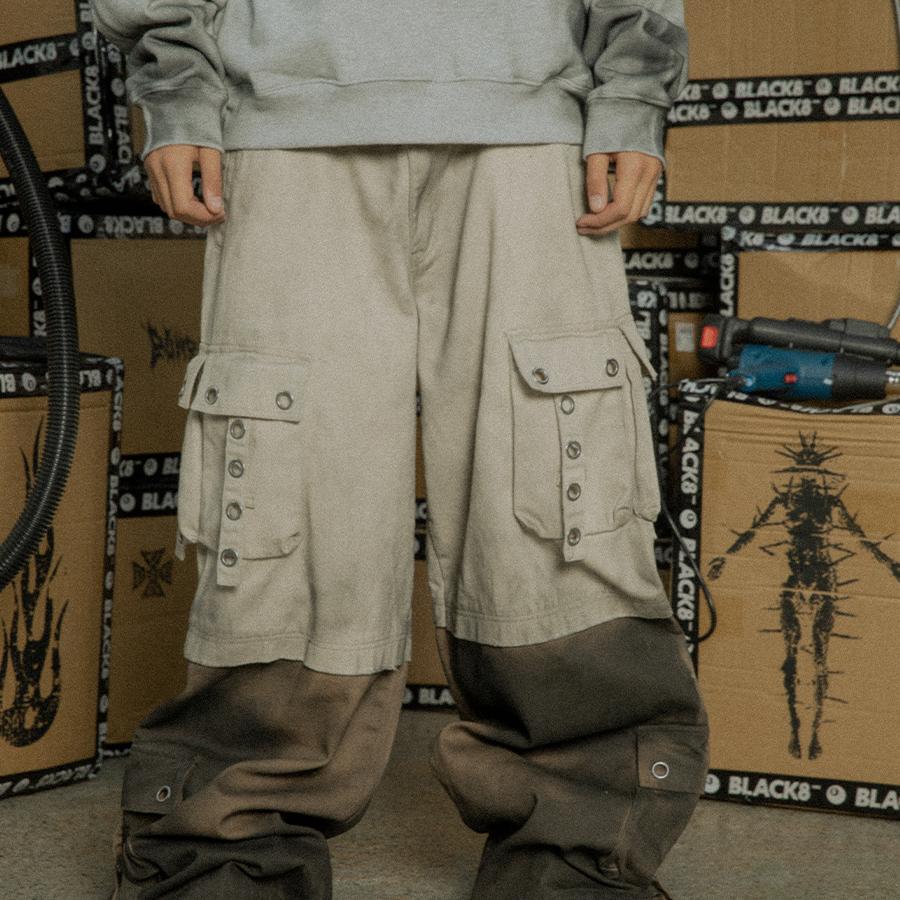 卡其做旧水洗拼接八神裤