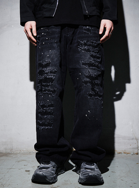 【BLACK8MOB】2023FW美式街头复古泼墨刀割破坏牛仔裤男女同款潮