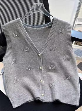 学院风灰色圆领针织马甲女春秋穿搭叠穿袖麻花毛衣背心外搭坎肩