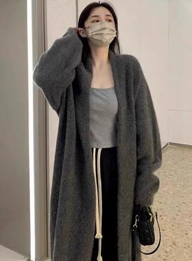 灰色中长款过膝毛衣外套女春秋冬季慵懒风加厚百搭针织衫开衫大衣