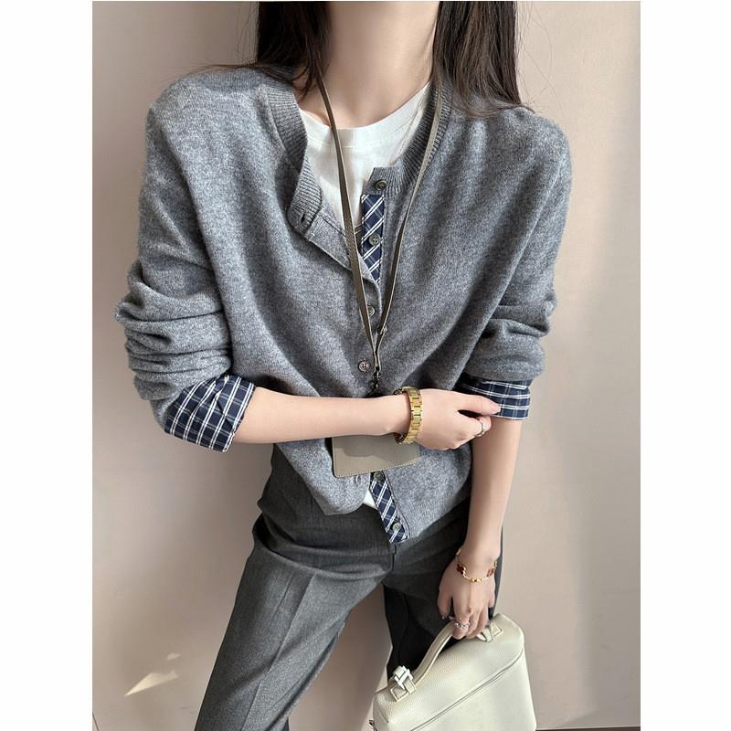 韩系拼接假两件针织开衫女2025春秋季新款设计感叠穿休闲百搭上衣