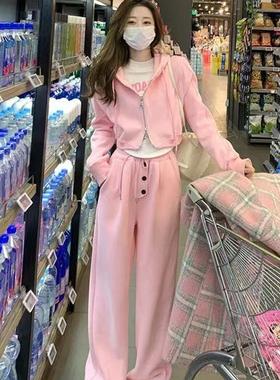 2025新款粉色休闲卫衣运动套装女春秋宽松韩系休闲减龄炸街两件套