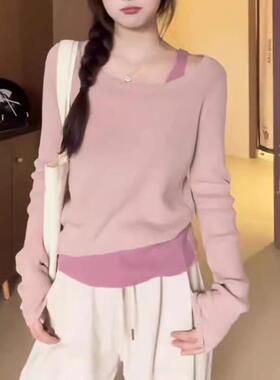 2025秋冬新款粉色针织打底衫女假两件长袖t恤设计感洋气露肩上衣