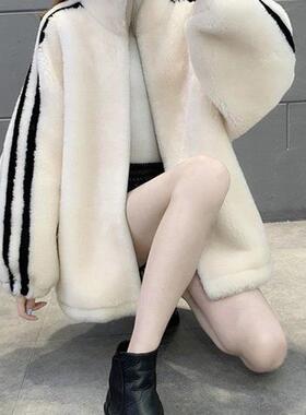 2025年韩版秋冬季新款宽松薄款立领时尚百搭仿兔毛保暖外套上衣女